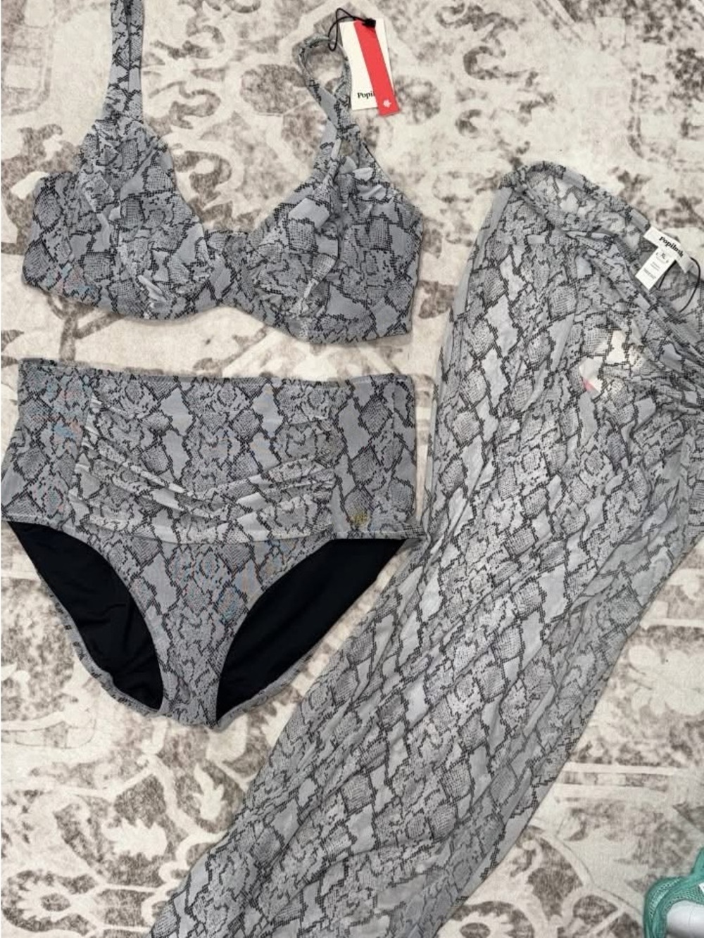 Popilush Snake-Print Underwire Bikini Set with Matching Cover-Up - Gray